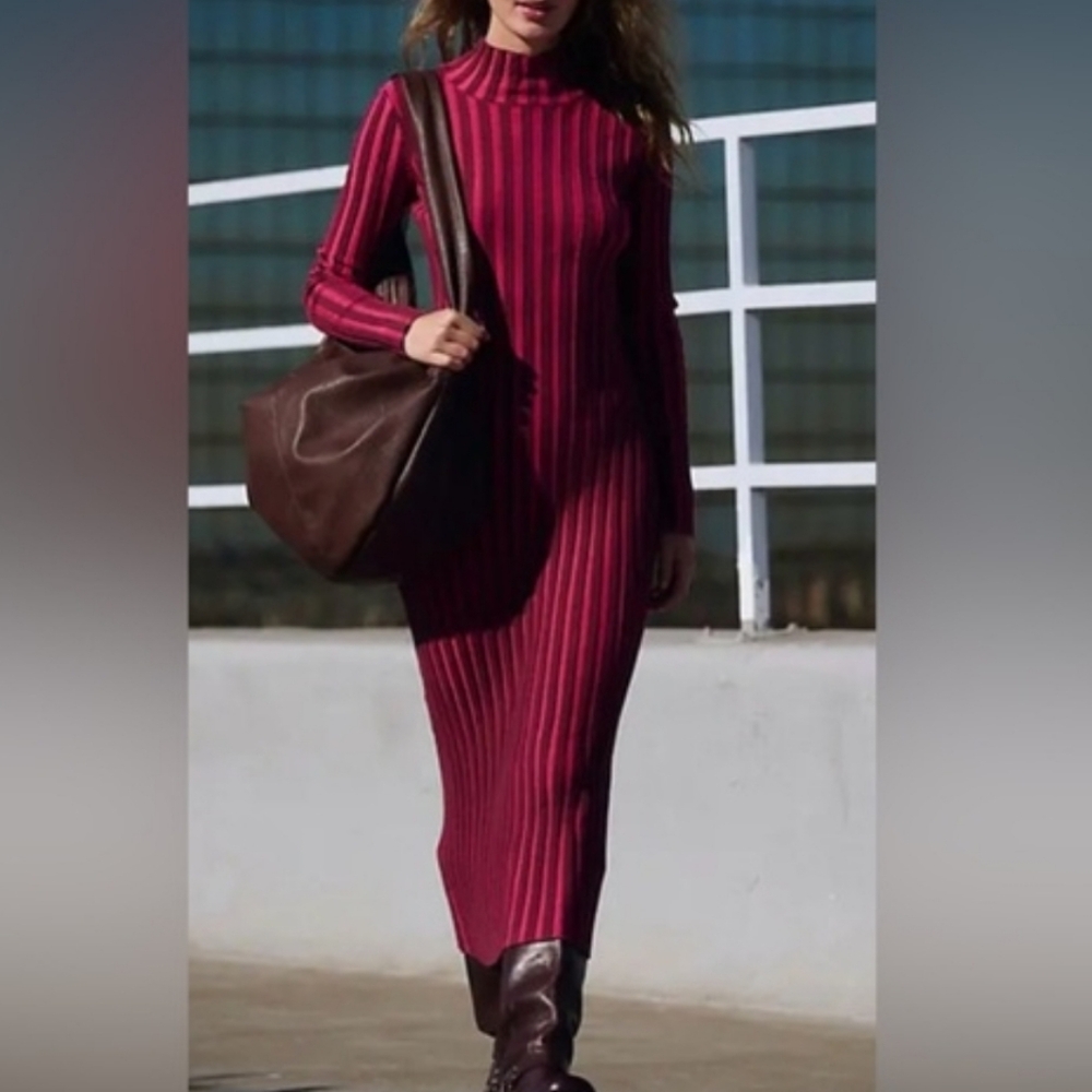 Free People Lucia High Mock Neck Striped Maxi Sweater Dress